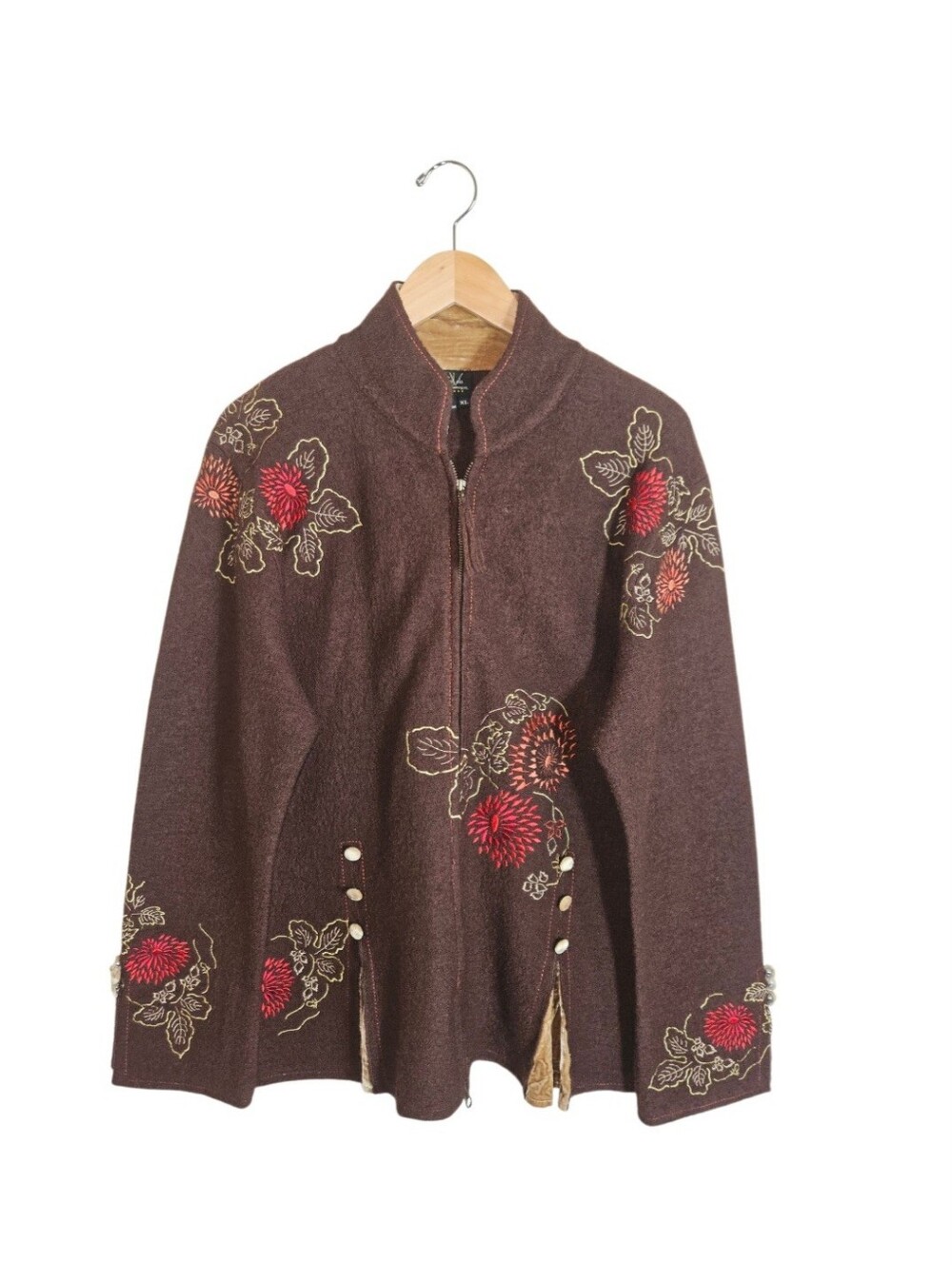 CoVelo 100% Wool Brown Floral Embroidered Zip- Up Sweater Size XL